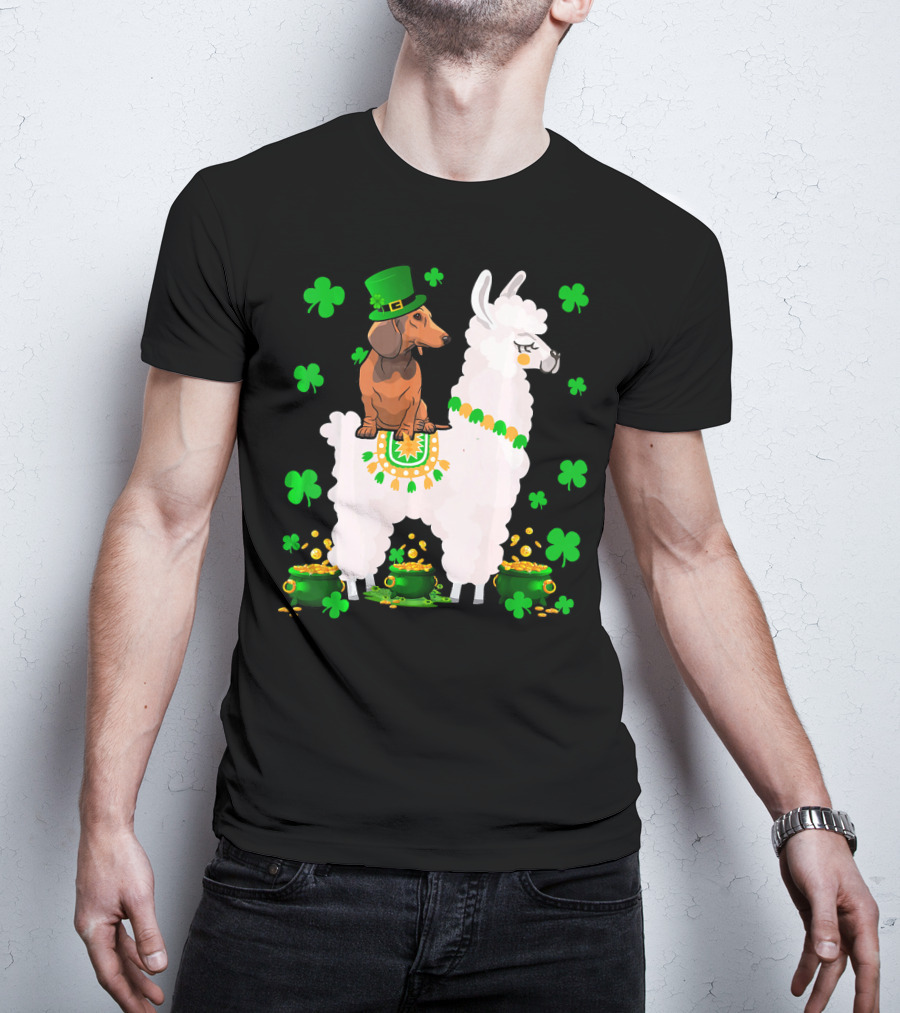 Leprechaun Dachshund Riding Llama Shamrocks Pots Of Gold T-Shirt