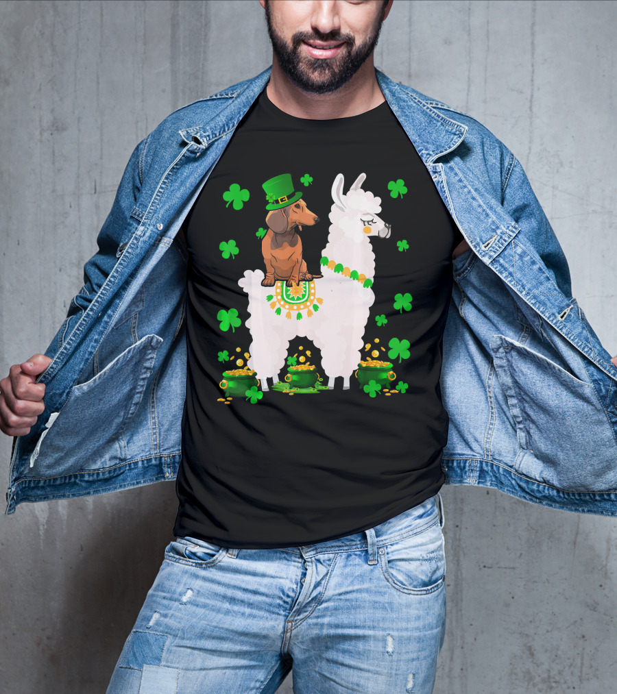 Leprechaun Dachshund Riding Llama Shamrocks Pots Of Gold T-Shirt