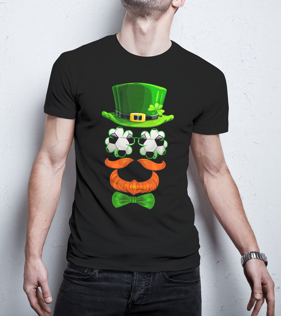 Leprechaun Hat With Soccer Ball Shamrock Glasses And Clover Bowtie T-Shirt