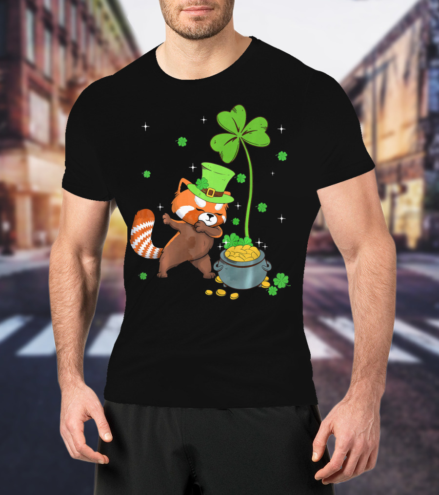 Shamrock Leprechaun Red Panda Pot Of Gold St Patrick's Day T-Shirt