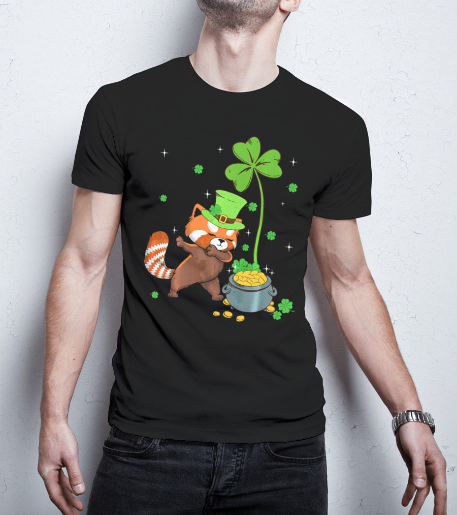 Shamrock Leprechaun Red Panda Pot Of Gold St Patrick's Day T-Shirt