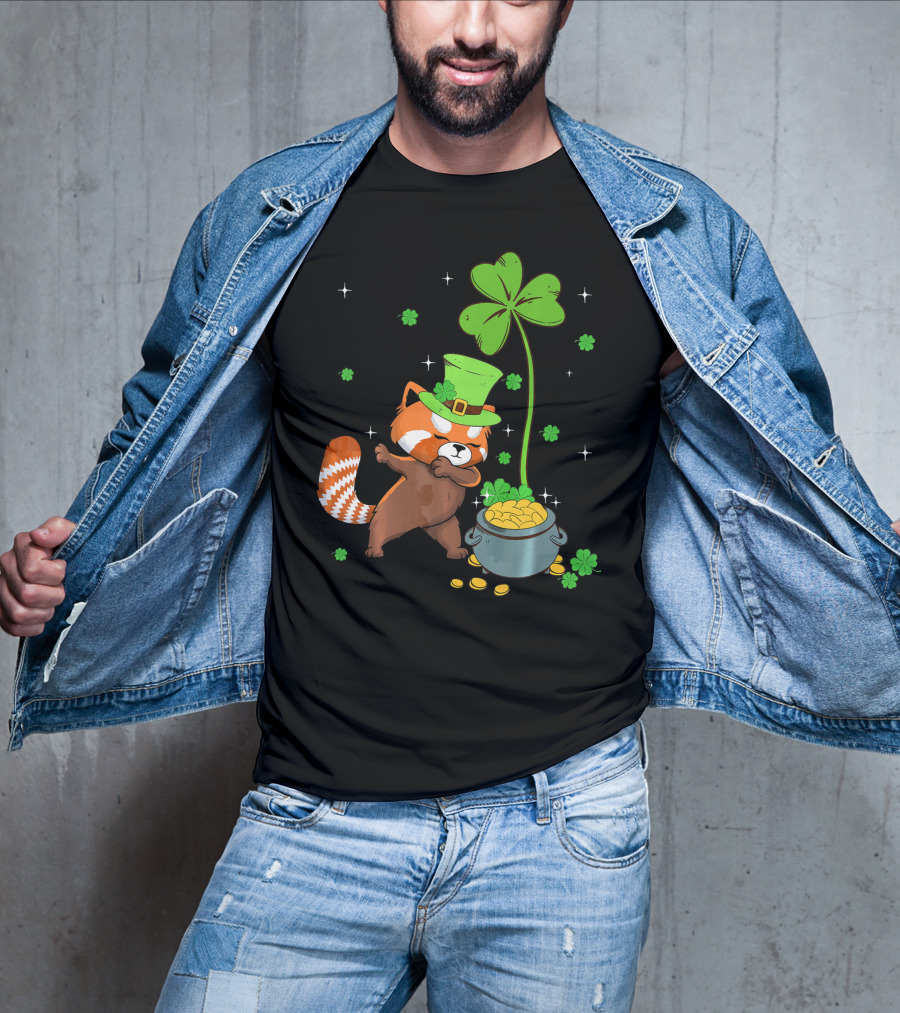 Shamrock Leprechaun Red Panda Pot Of Gold St Patrick's Day T-Shirt