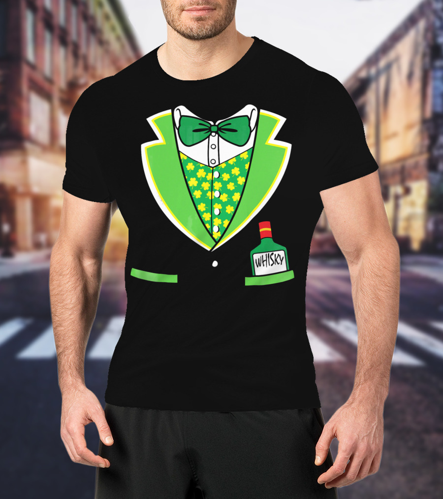St Patricks Day Tuxedo Costume With Shamrock Vest And Whisky Flask T-Shirt