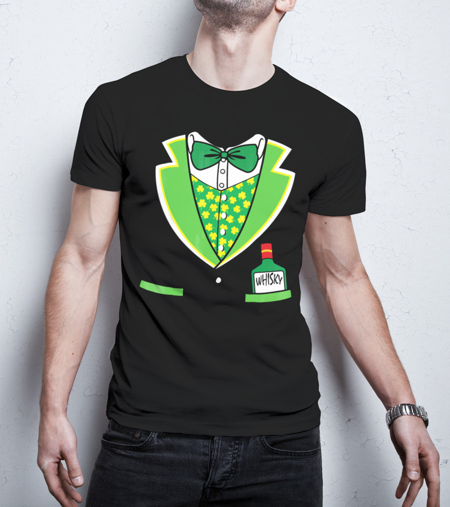 St Patricks Day Tuxedo Costume With Shamrock Vest And Whisky Flask T-Shirt