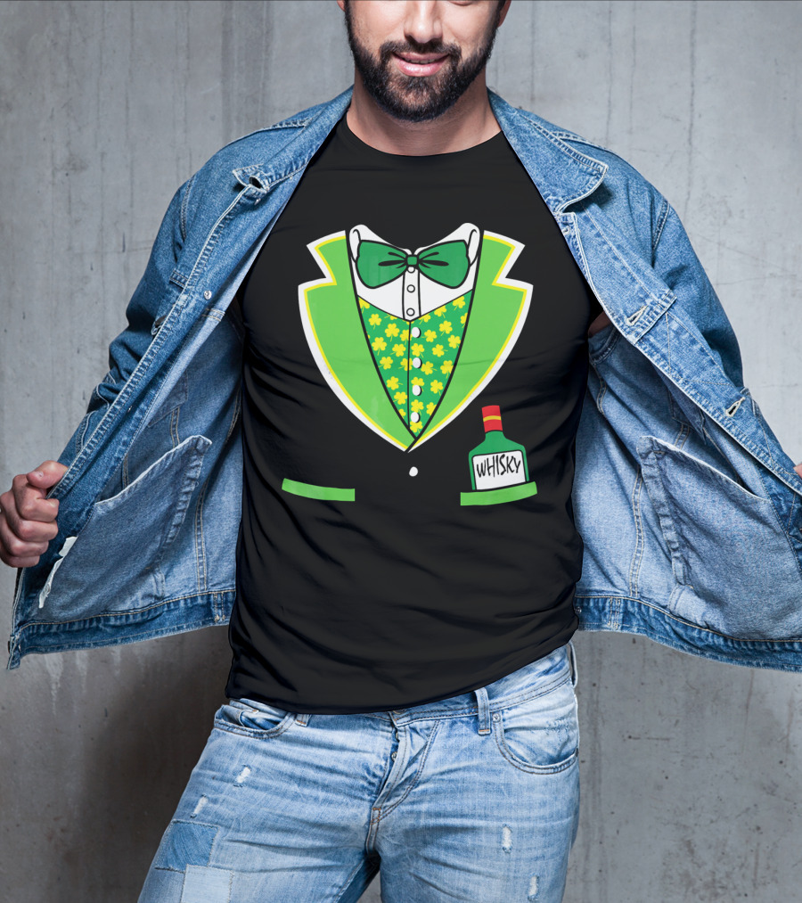St Patricks Day Tuxedo Costume With Shamrock Vest And Whisky Flask T-Shirt