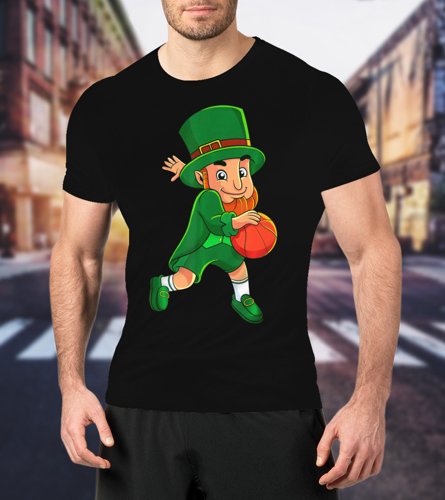Leprechaun Basketball St Patricks Day Character In Green Outfit With Orange Ball T-Shirt