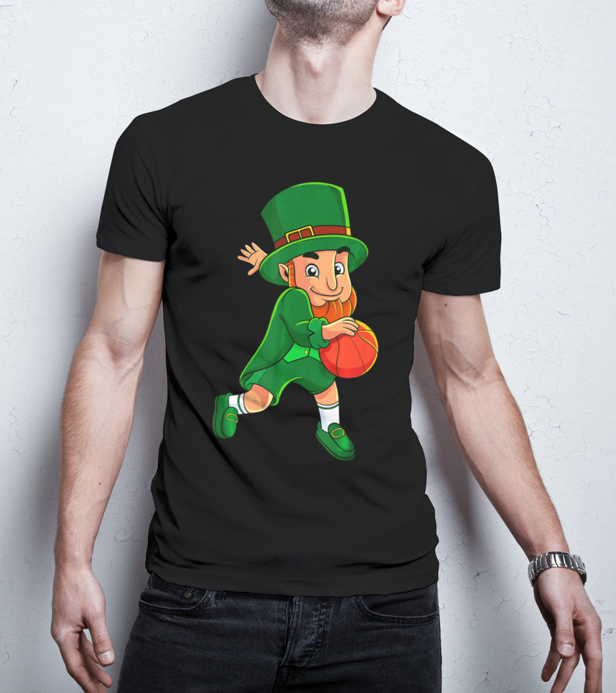 Leprechaun Basketball St Patricks Day Character In Green Outfit With Orange Ball T-Shirt