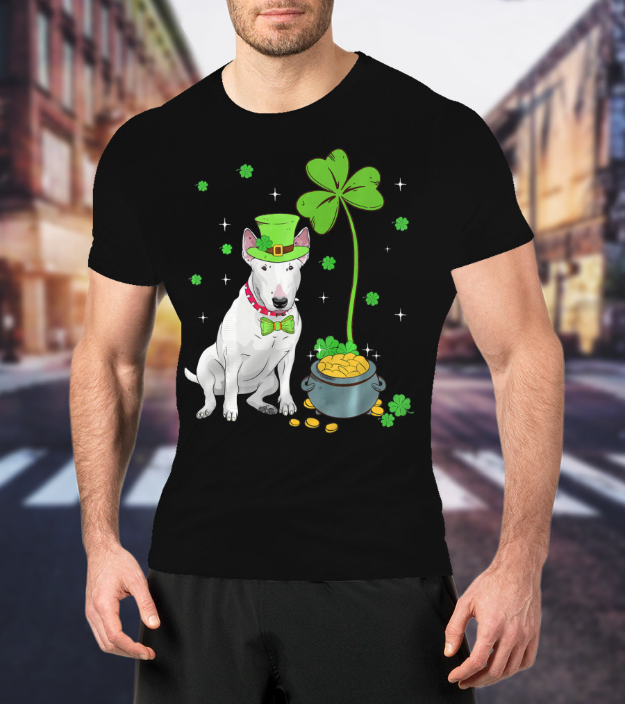 Shamrock Leprechaun Bull Terrier Pot Of Gold And Clover T-Shirt