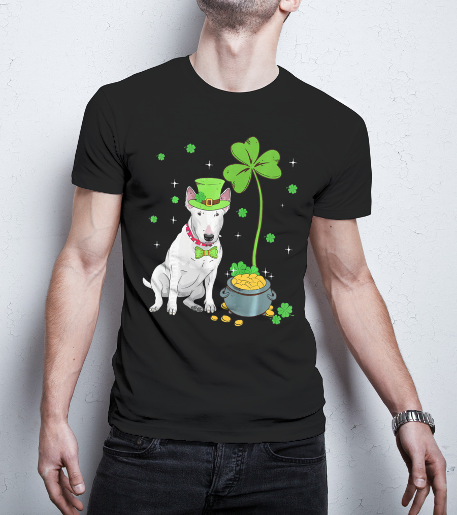 Shamrock Leprechaun Bull Terrier Pot Of Gold And Clover T-Shirt