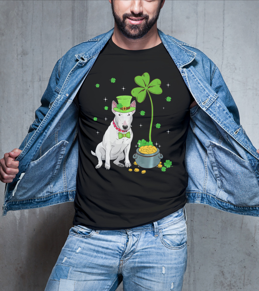 Shamrock Leprechaun Bull Terrier Pot Of Gold And Clover T-Shirt