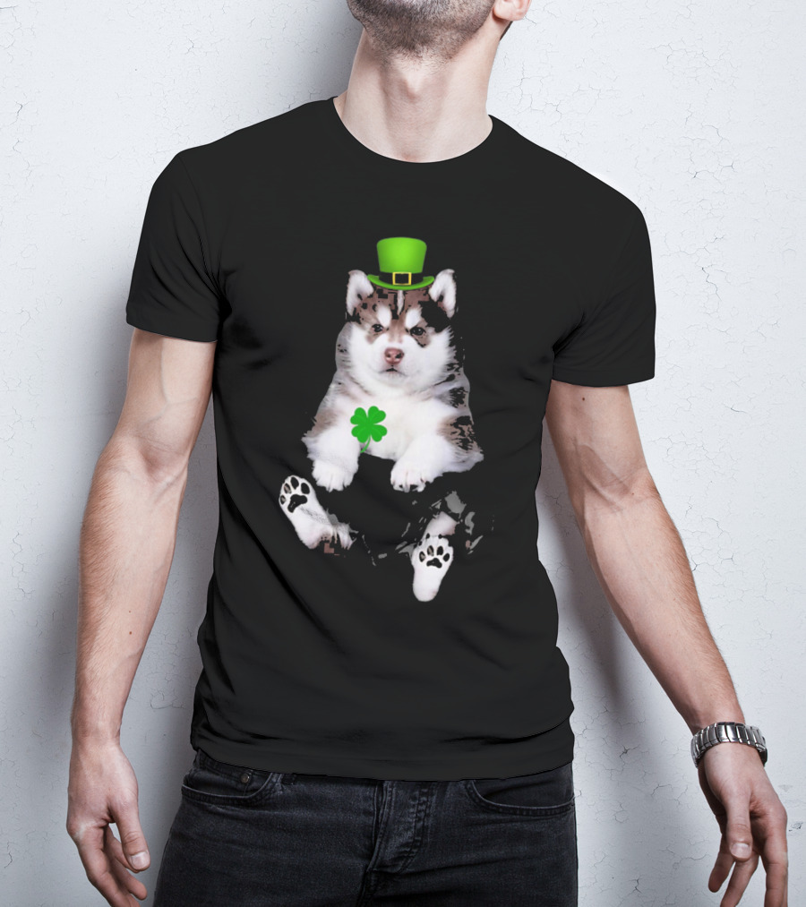 St Patricks Day Husky Puppy Shamrock Hat Paw Prints T-Shirt