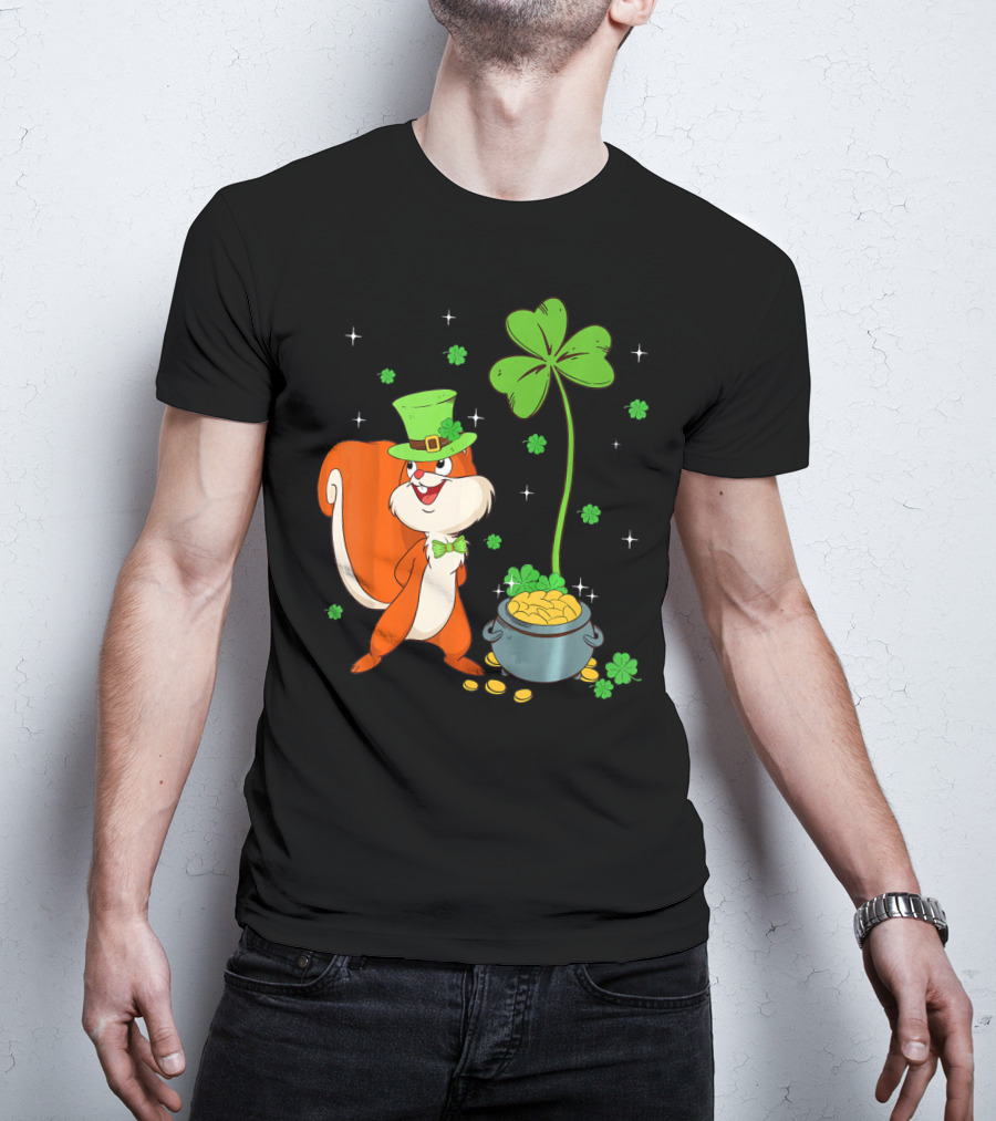 Leprechaun Squirrel With Shamrock And Pot Of Gold St Patricks T-Shirt