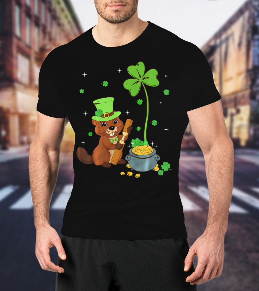 Shamrock-Leprechaun Beaver With Pot Of Gold And Clover For St Patricks T-Shirt