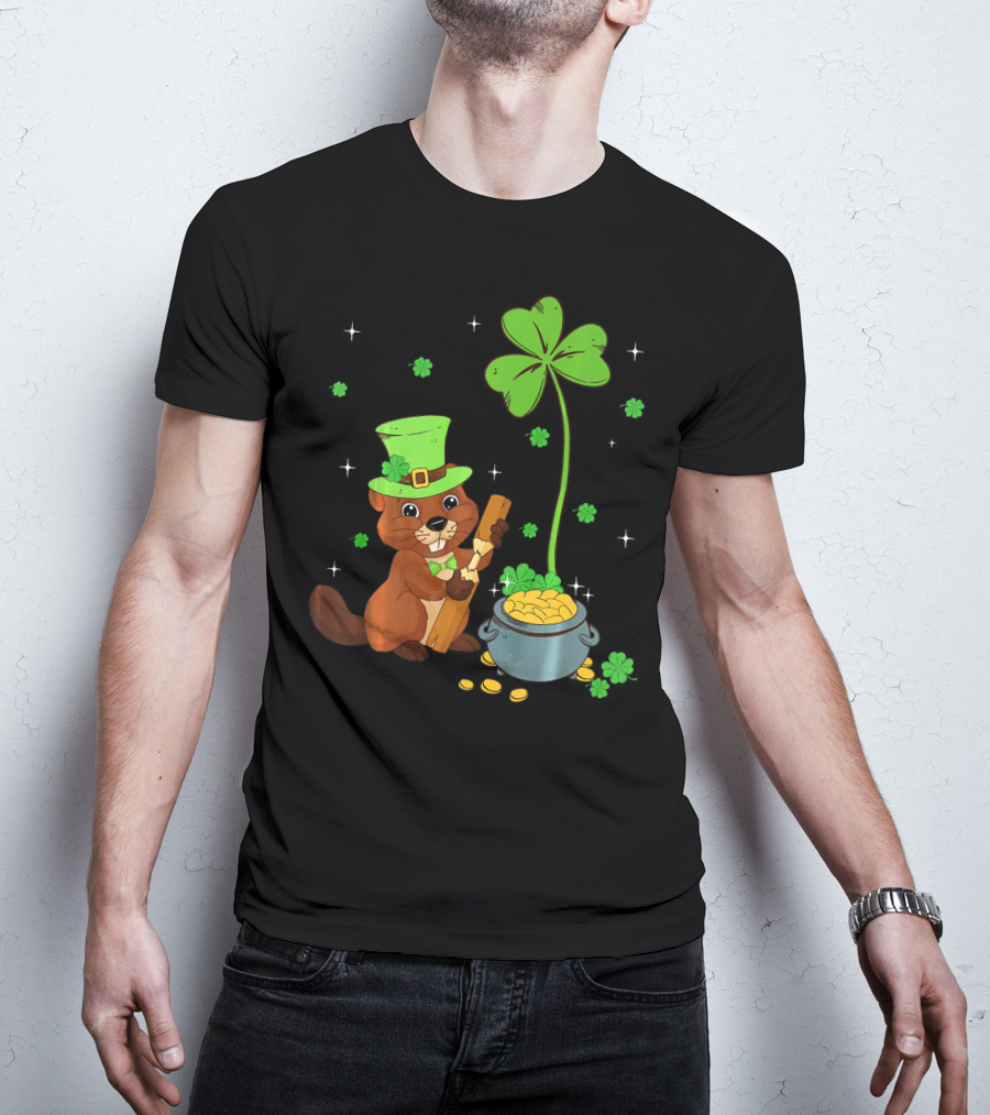 Shamrock-Leprechaun Beaver With Pot Of Gold And Clover For St Patricks T-Shirt