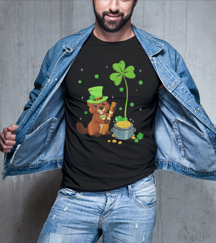 Shamrock-Leprechaun Beaver With Pot Of Gold And Clover For St Patricks T-Shirt