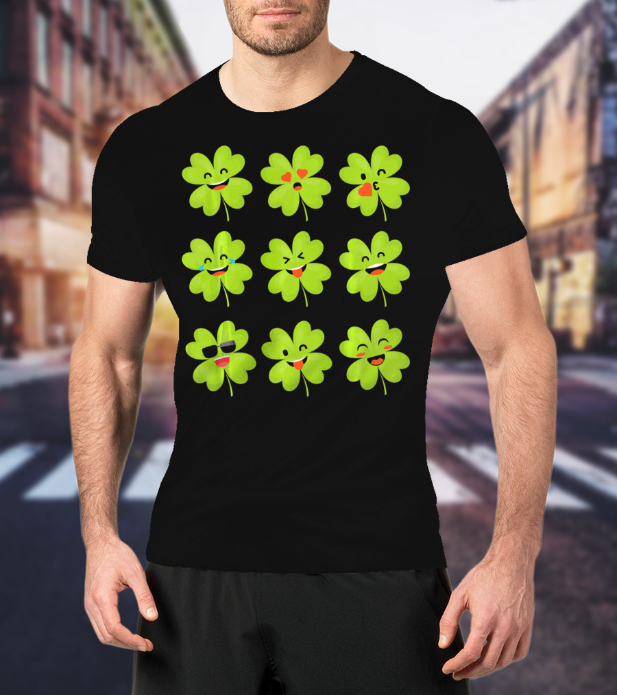 Four Leaf Clover Emojis Funny Saint Patrick's Day Smiley Faces T-Shirt