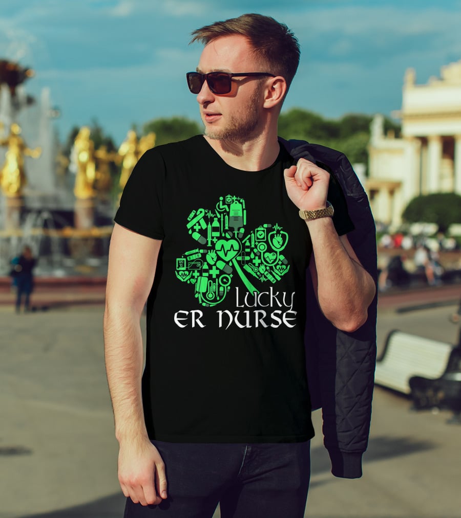 St Patricks Day Shamrock Lucky ER Nurse Medical Icons T-Shirt
