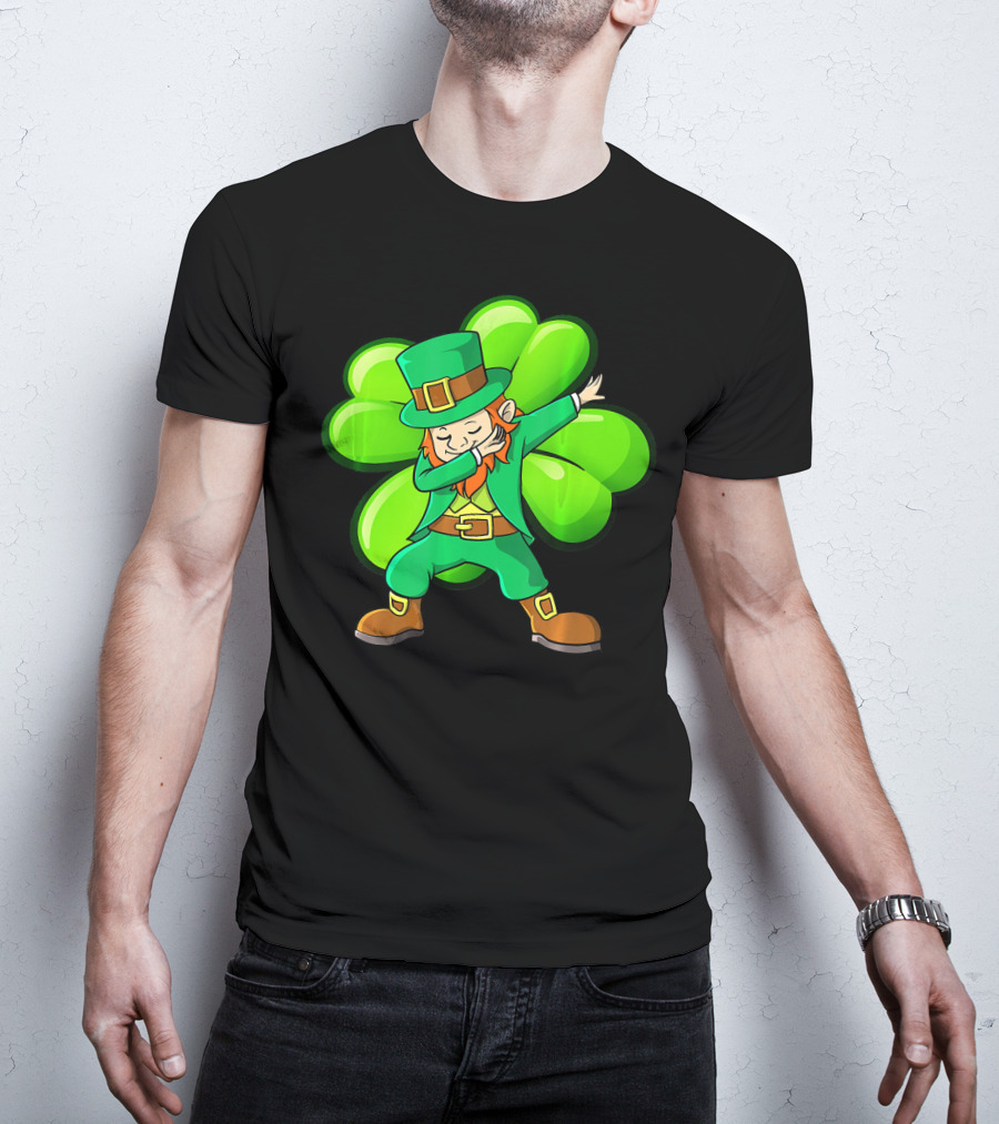 Cute Dabbing Leprechaun With Green Shamrock Background T-Shirt