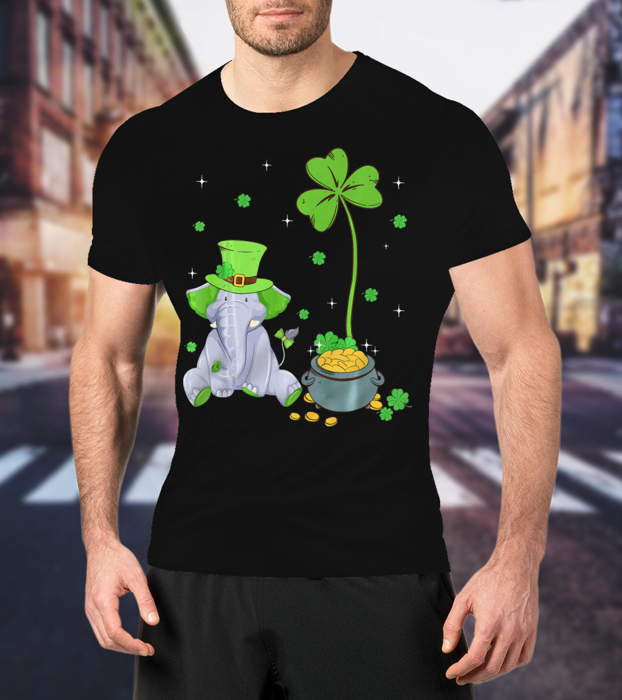 Shamrock Leprechaun Elephant St Patricks Pot Of Gold T-Shirt