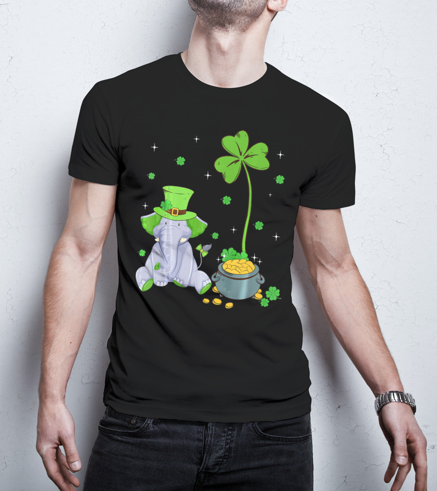 Shamrock Leprechaun Elephant St Patricks Pot Of Gold T-Shirt