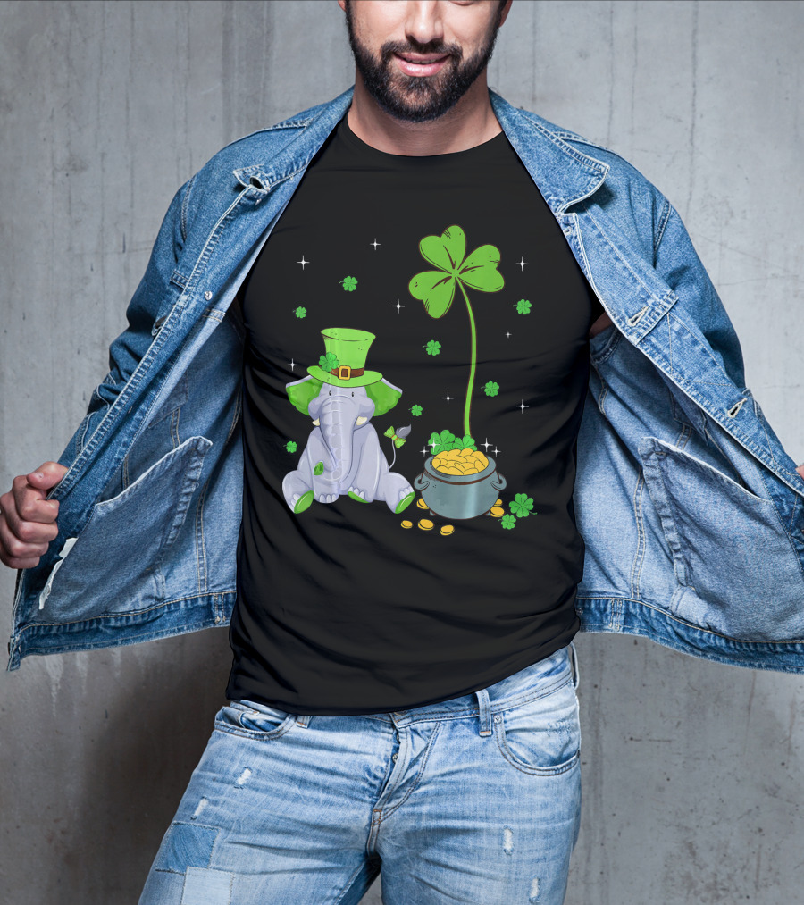 Shamrock Leprechaun Elephant St Patricks Pot Of Gold T-Shirt