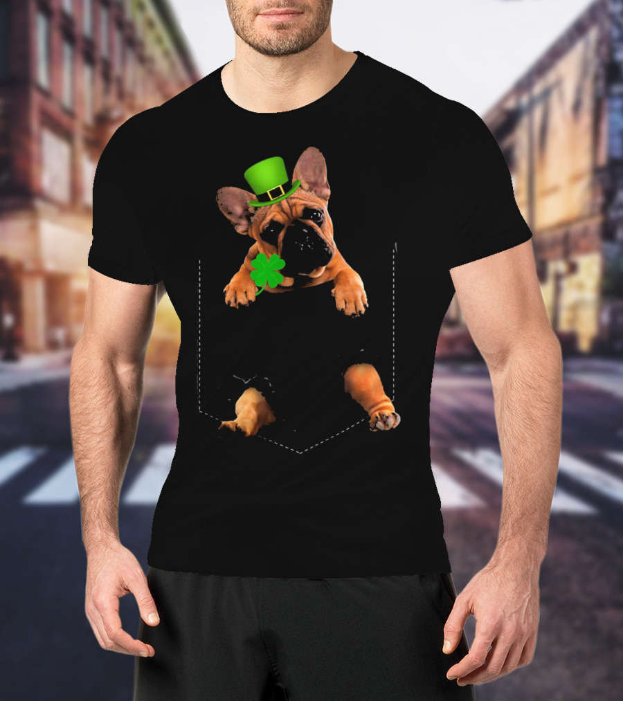 French Bulldog With Shamrock And Leprechaun Hat For St Patricks Day T-Shirt
