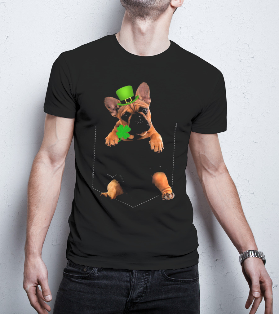 French Bulldog With Shamrock And Leprechaun Hat For St Patricks Day T-Shirt