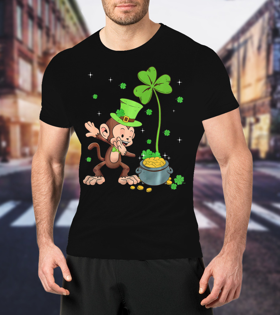 Shamrock Leprechaun Monkey With Pot Of Gold St Patricks T-Shirt
