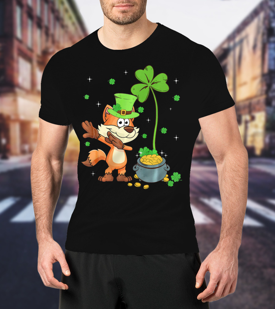 Shamrock Leprechaun Fox With Clover And Pot Of Gold T-Shirt