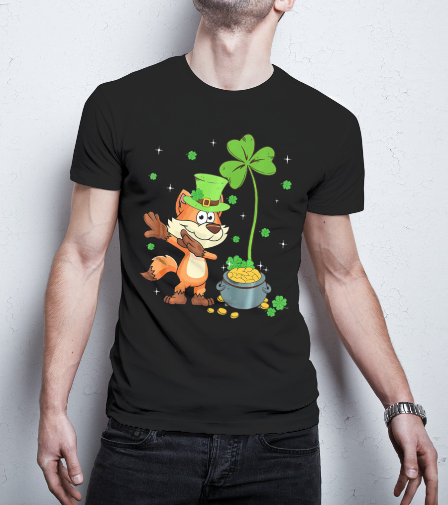 Shamrock Leprechaun Fox With Clover And Pot Of Gold T-Shirt