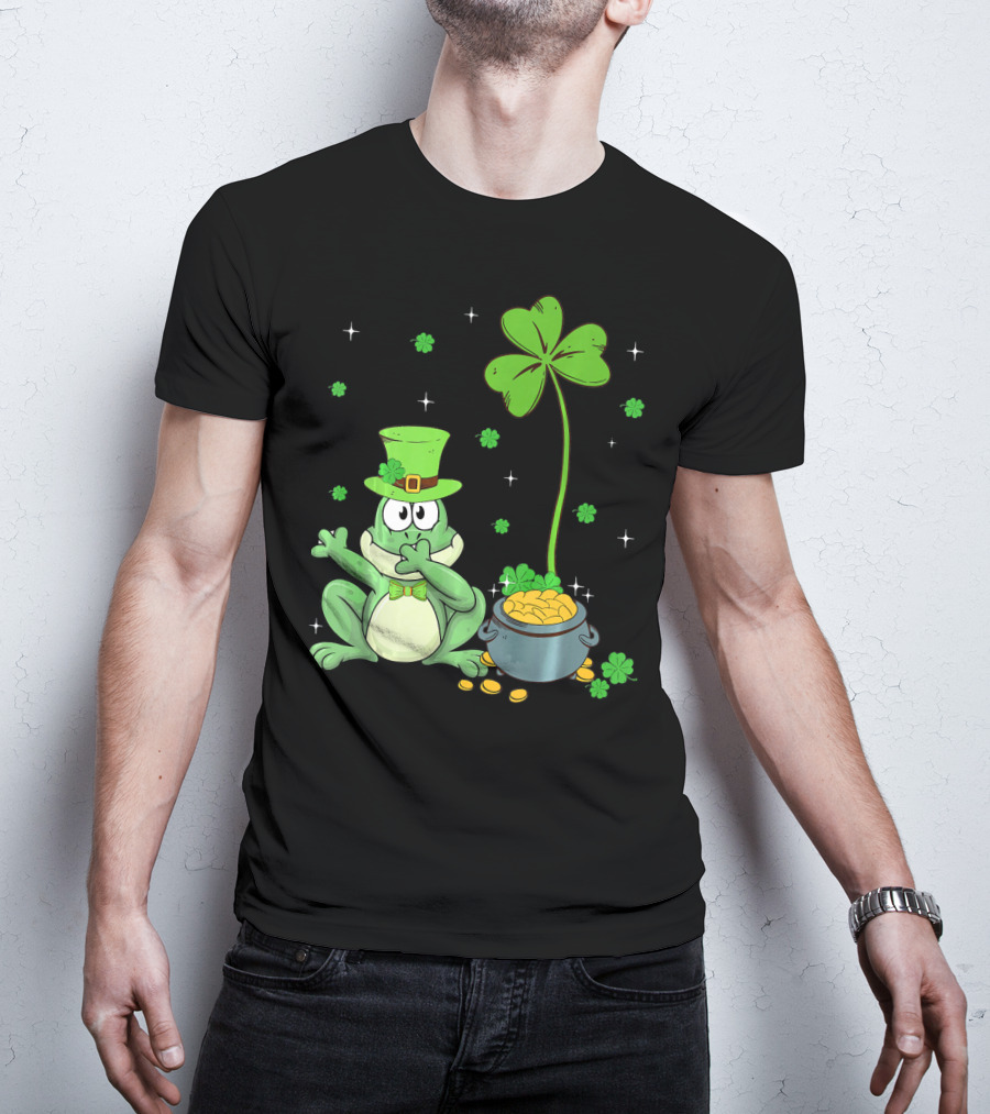 Shamrock Leprechaun Frog With Pot Of Gold And Clover Hat T-Shirt