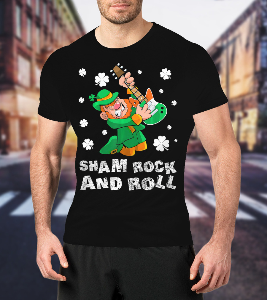 Sham Rock And Roll Leprechaun Playing Guitarist St Patricks Clover T-Shirt