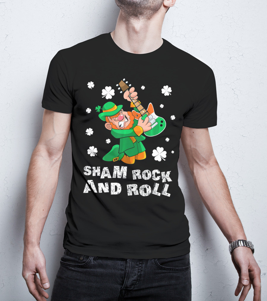 Sham Rock And Roll Leprechaun Playing Guitarist St Patricks Clover T-Shirt