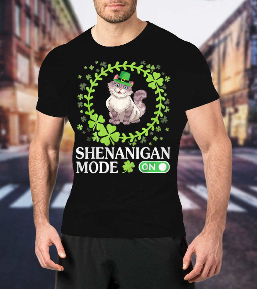 Shenanigan Mode On With Leprechaun Cat In Shamrocks Circle T-Shirt