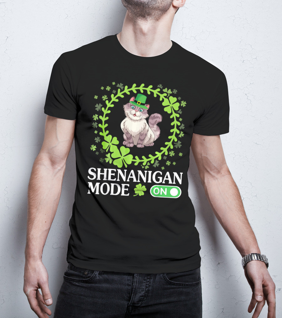Shenanigan Mode On With Leprechaun Cat In Shamrocks Circle T-Shirt