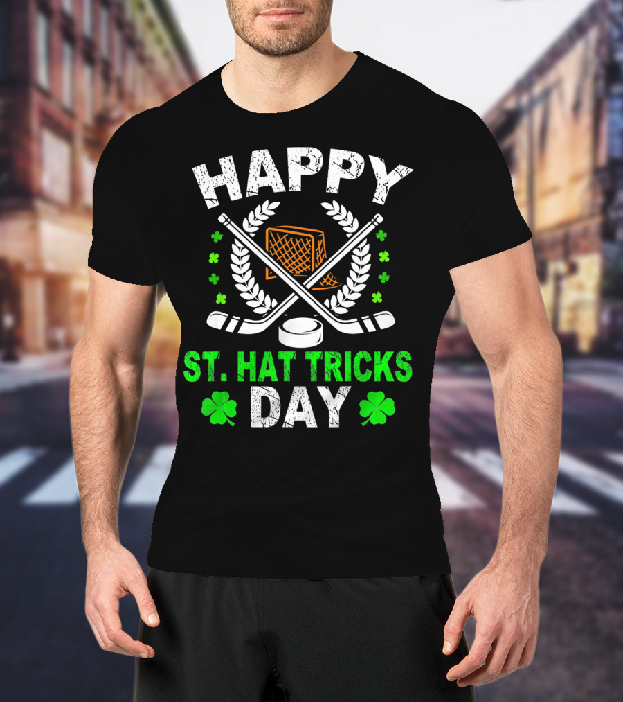 Happy St. Hat Tricks Day Hockey St. Patrick's Day Shamrocks And Sticks T-Shirt