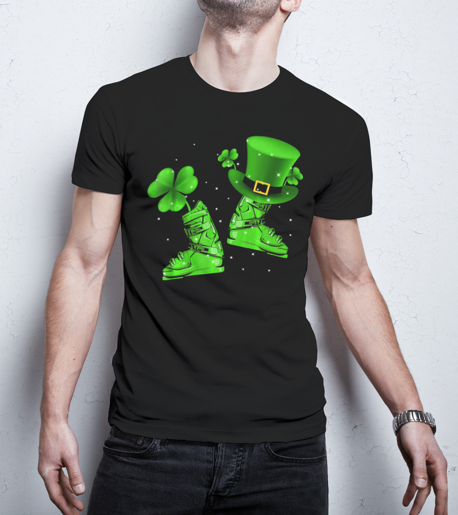 Shamrock Leprechaun Hat With Green Ski Boots T-Shirt
