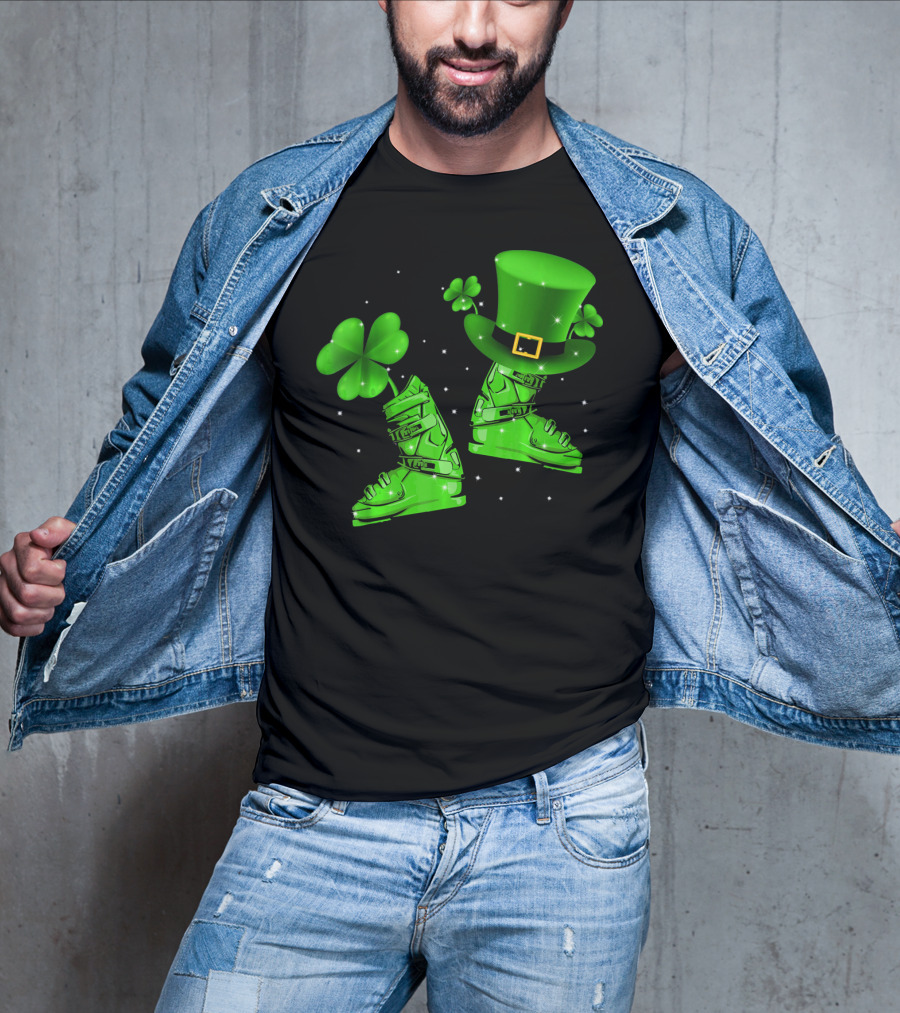 Shamrock Leprechaun Hat With Green Ski Boots T-Shirt