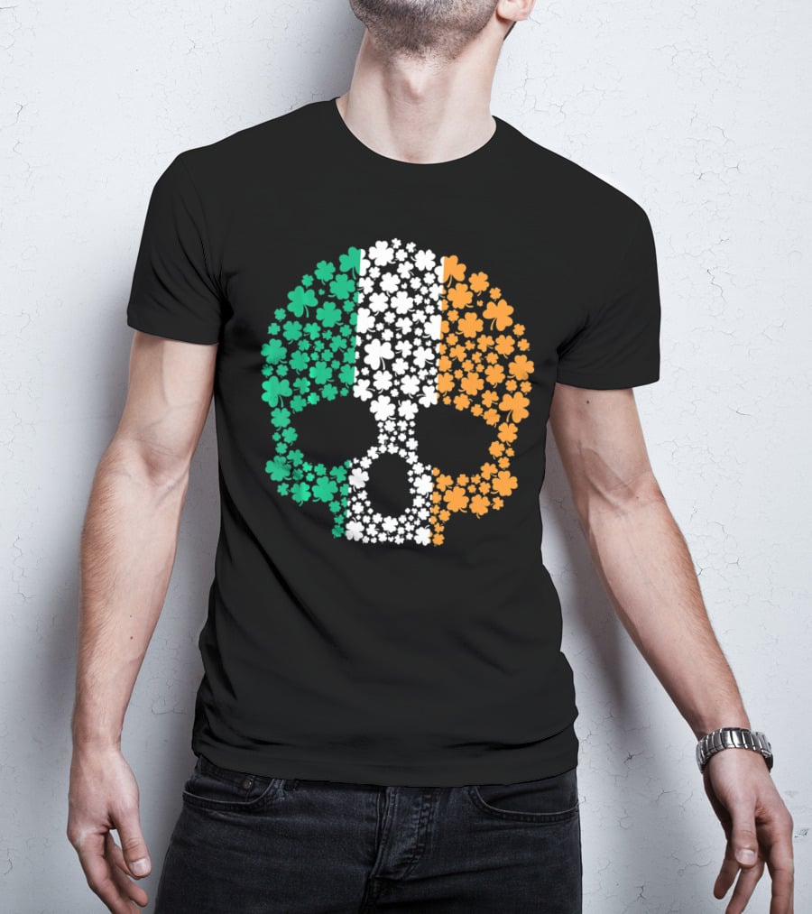 Irish Shamrock Skull With Tricolor Pattern For St. Patrick's Day T-Shirt