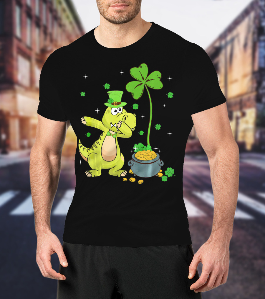 Shamrock Dabbing Dinosaur Leprechaun Gold Pot St Patricks T-Shirt