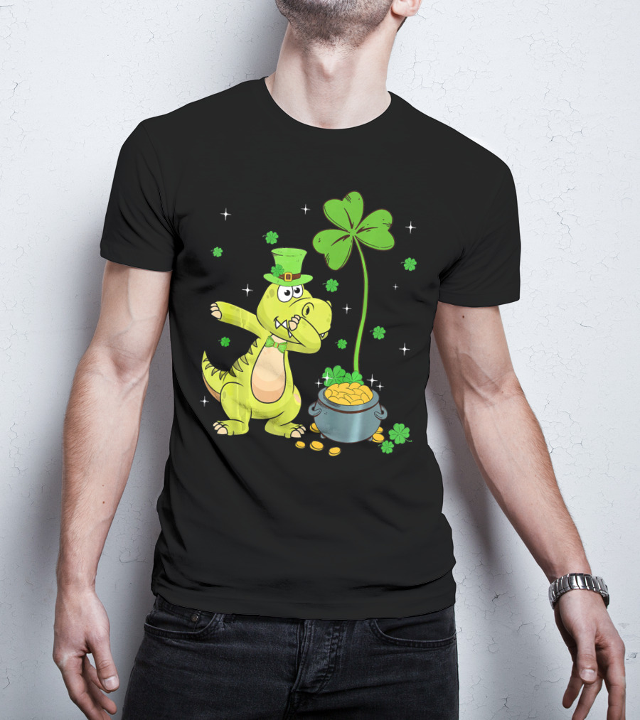 Shamrock Dabbing Dinosaur Leprechaun Gold Pot St Patricks T-Shirt