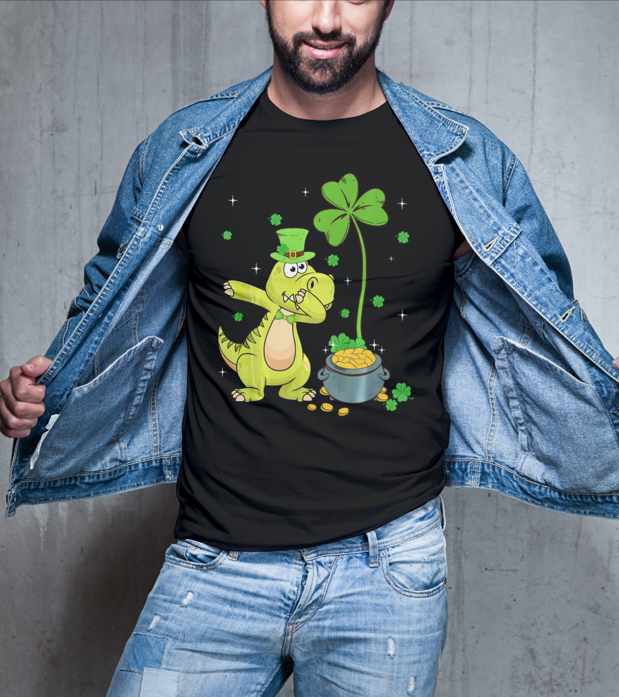 Shamrock Dabbing Dinosaur Leprechaun Gold Pot St Patricks T-Shirt