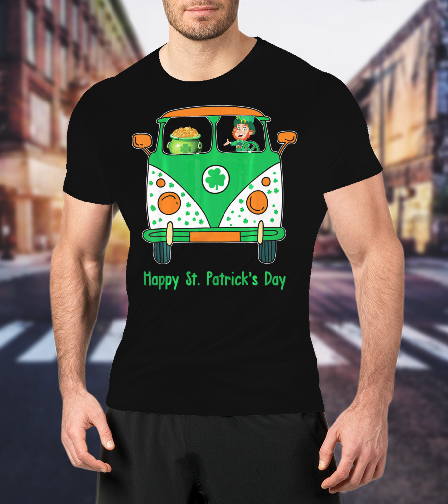 Happy St. Patrick's Day Leprechaun Gold Pot Hippie Car T-Shirt