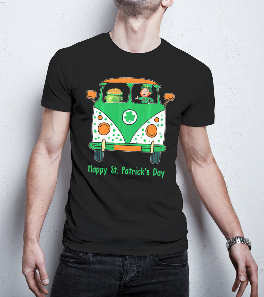 Happy St. Patrick's Day Leprechaun Gold Pot Hippie Car T-Shirt