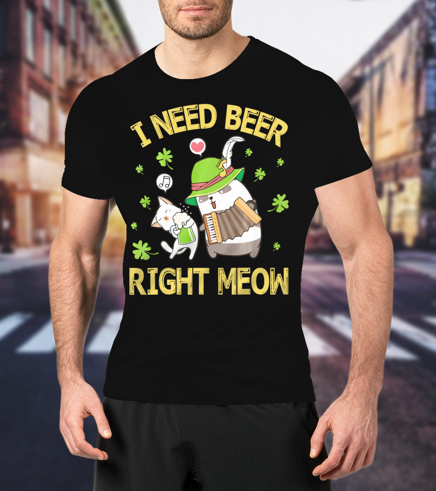 I Need Beer Right Meow Cat And Leprechaun Drinking And Dancing T-Shirt