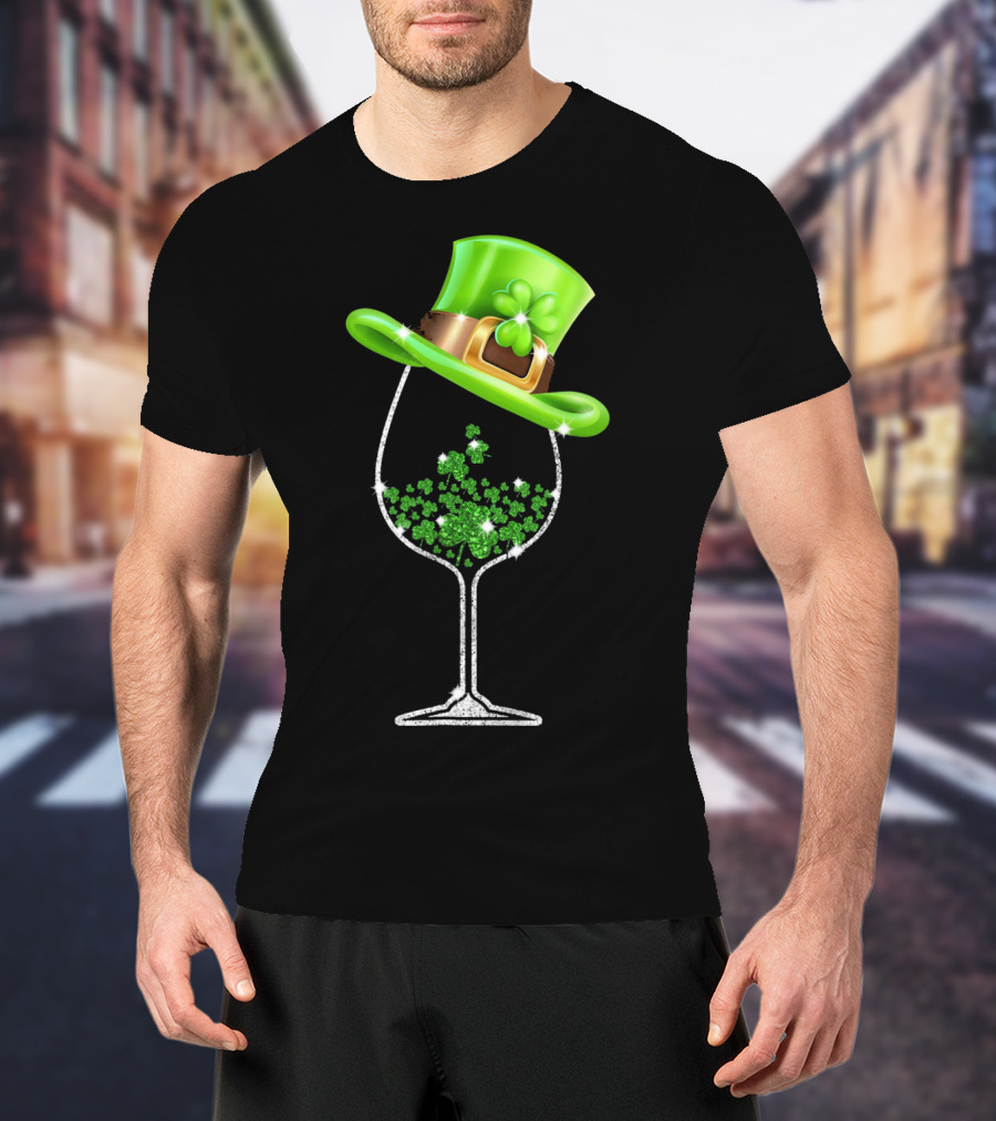 St Patricks Day Shamrock Wine Glass With Leprechaun Hat T-Shirt