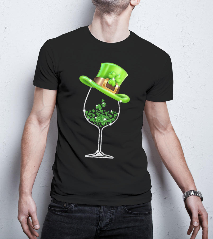 St Patricks Day Shamrock Wine Glass With Leprechaun Hat T-Shirt