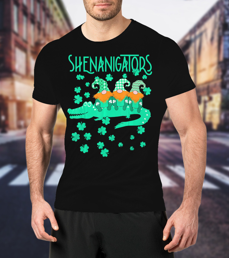 Shenanigators Funny Cute Alligator With Gnomes And Shamrocks T-Shirt