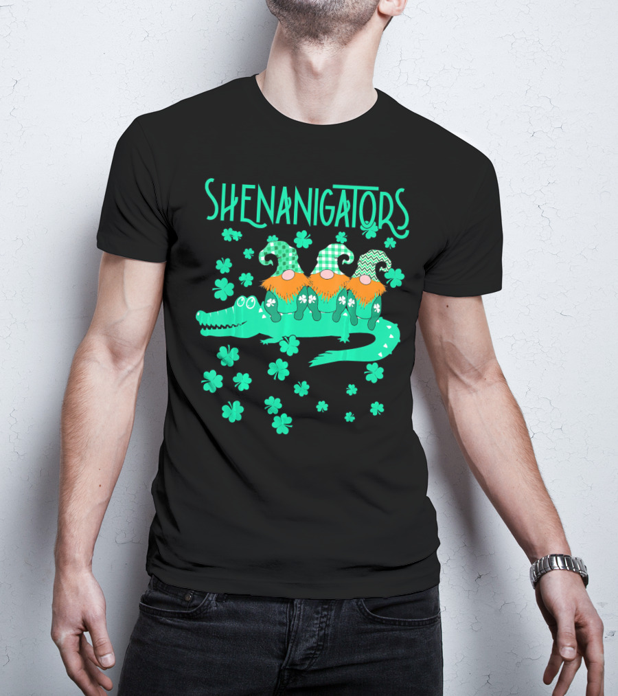 Shenanigators Funny Cute Alligator With Gnomes And Shamrocks T-Shirt