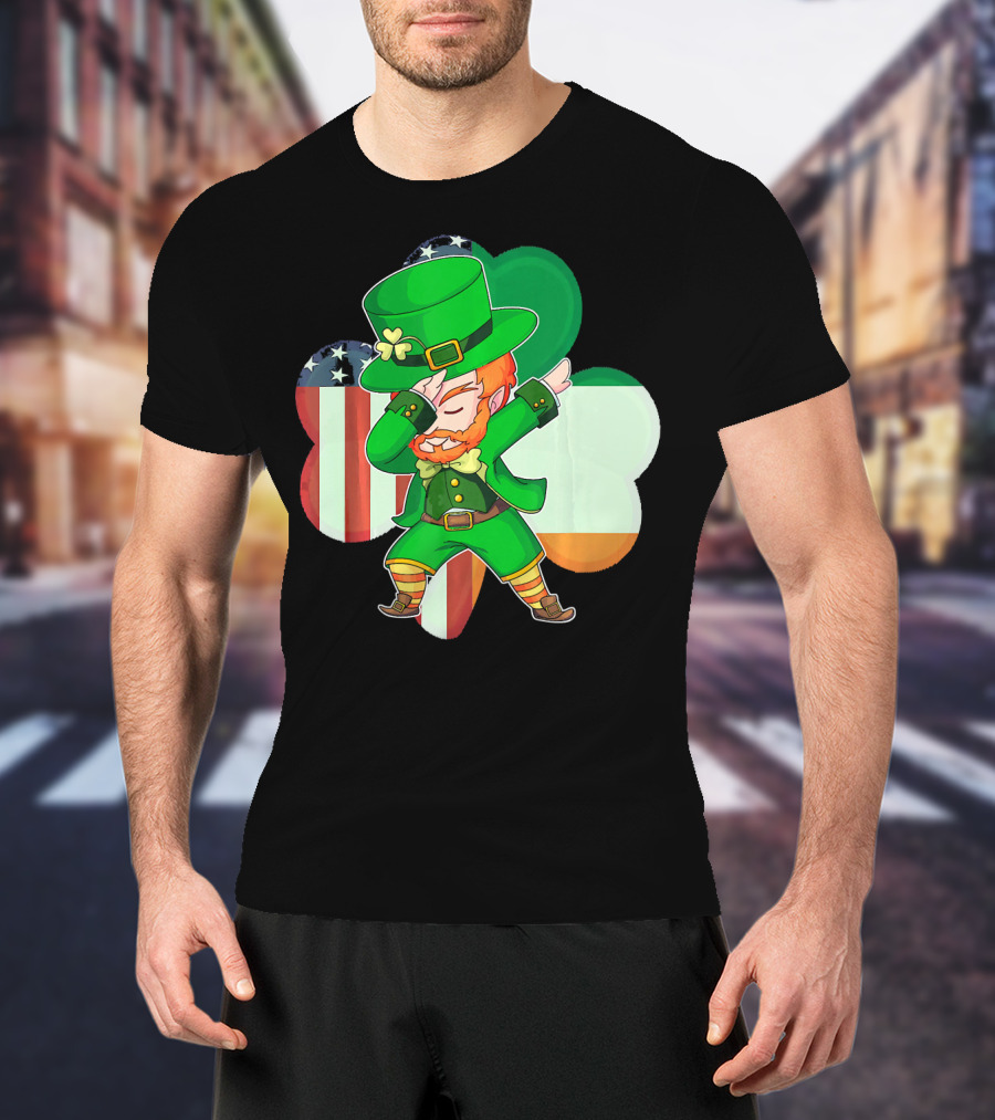 Funny Dabbing Leprechaun Shamrock American Irish Flag T-Shirt